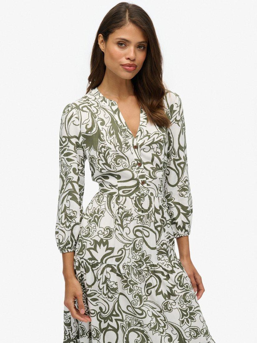 Product image 5 of 6, which shows Superdry Paisley Floral Tiered Midi Dress, Khaki, 10