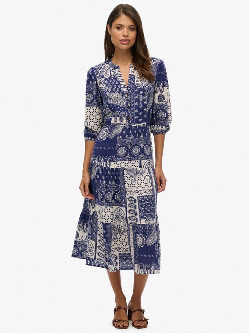 Product image 1 of 6, which shows Superdry Paisley Floral Tiered Midi Dress, Savannah Navy, 10