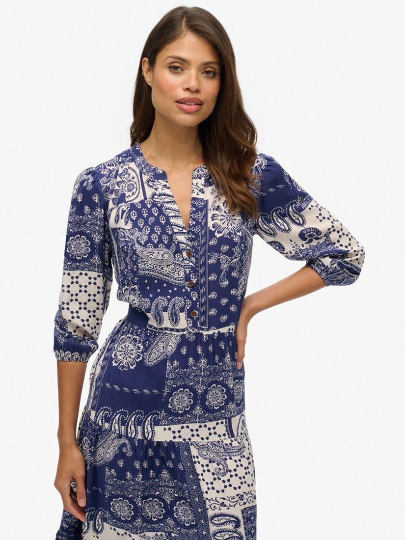 Product image 2 of 6, which shows Superdry Paisley Floral Tiered Midi Dress, Savannah Navy, 10