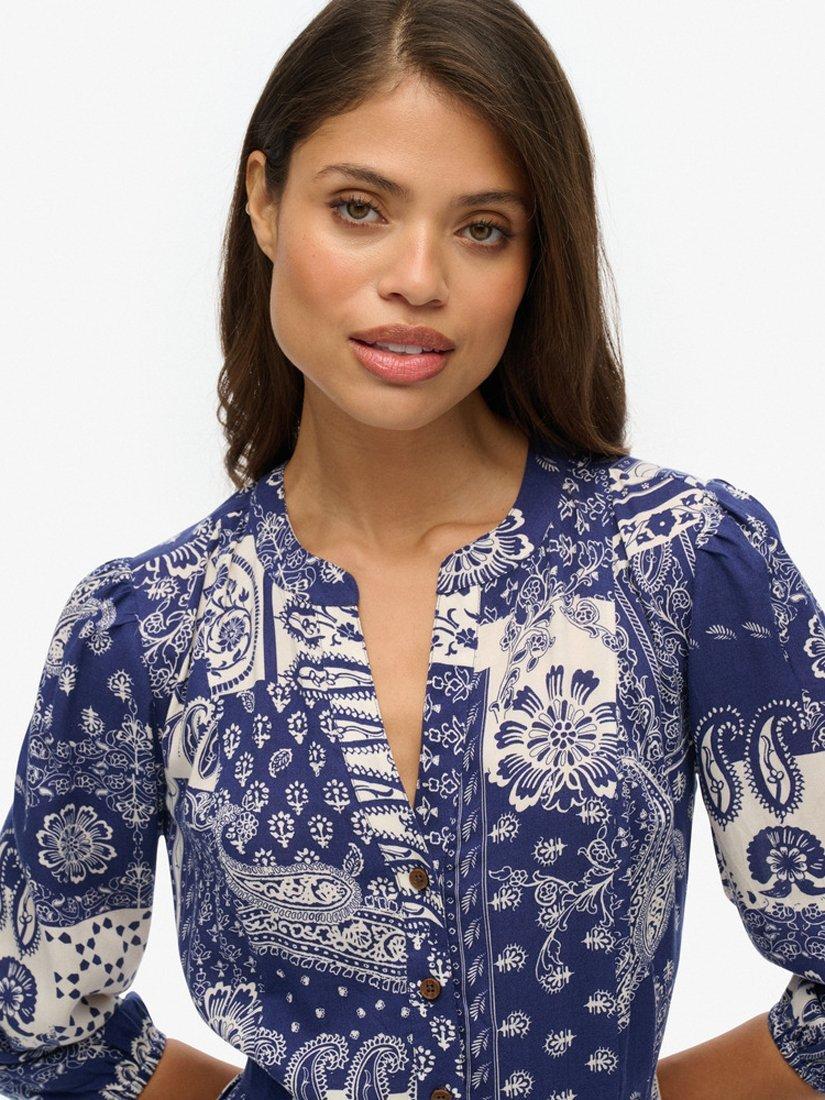 Product image 3 of 6, which shows Superdry Paisley Floral Tiered Midi Dress, Savannah Navy, 10