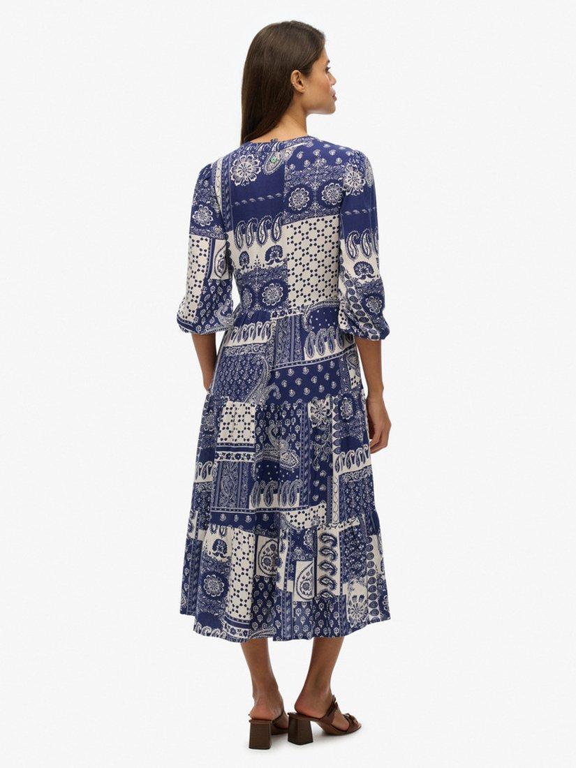 Product image 4 of 6, which shows Superdry Paisley Floral Tiered Midi Dress, Savannah Navy, 10