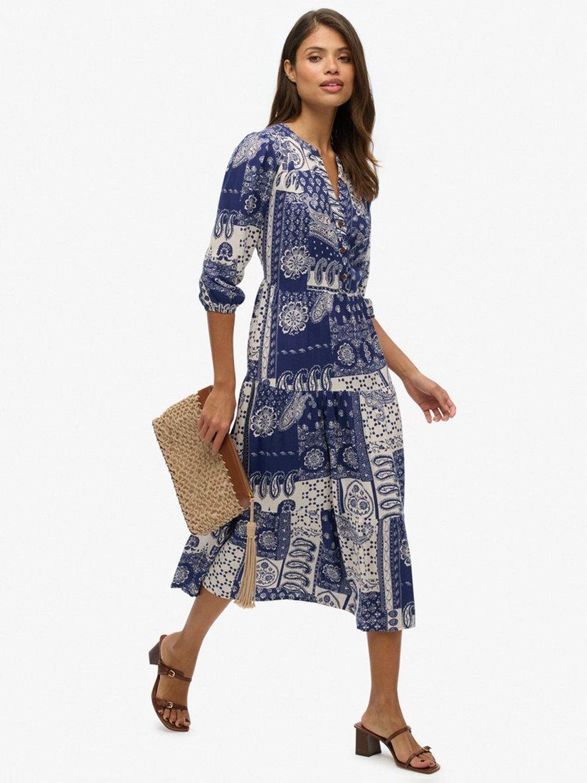 Product image 5 of 6, which shows Superdry Paisley Floral Tiered Midi Dress, Savannah Navy, 10