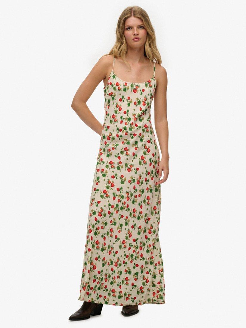 Product image 1 of 6, which shows Superdry Strawberry Print Bias Cut Slip Maxi Dress, Strawberry, 10