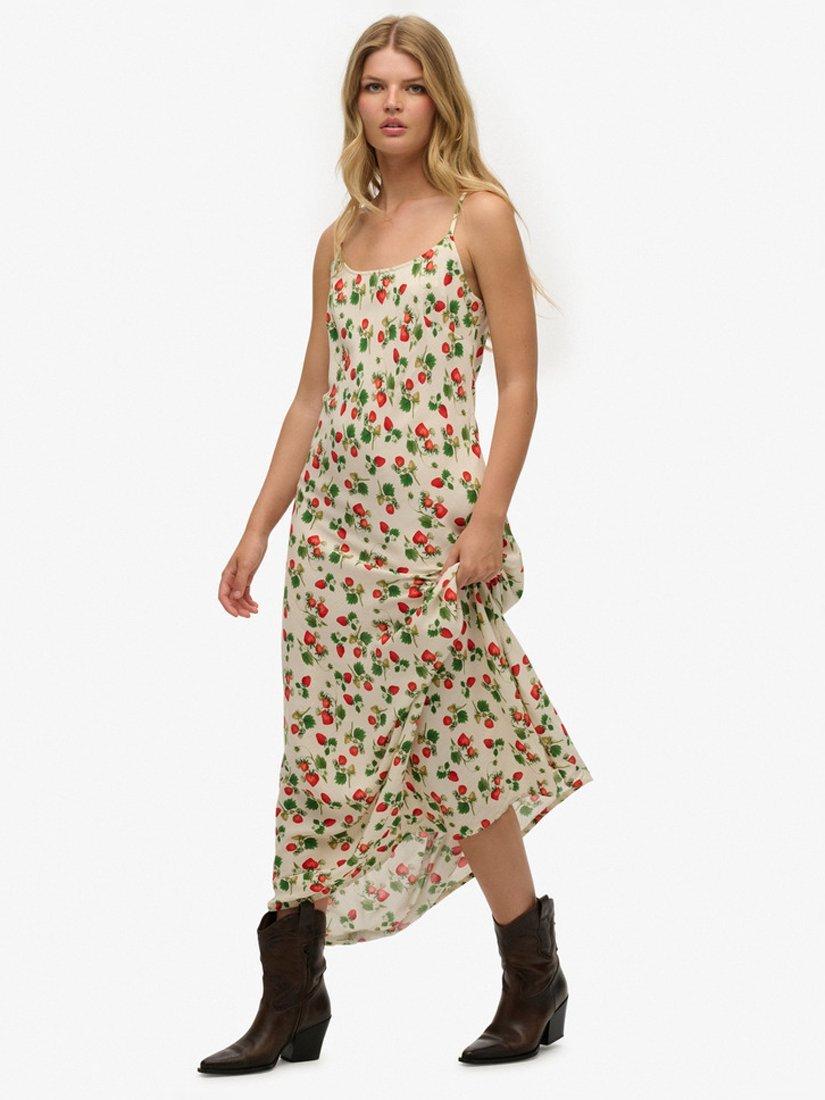 Product image 3 of 6, which shows Superdry Strawberry Print Bias Cut Slip Maxi Dress, Strawberry, 10