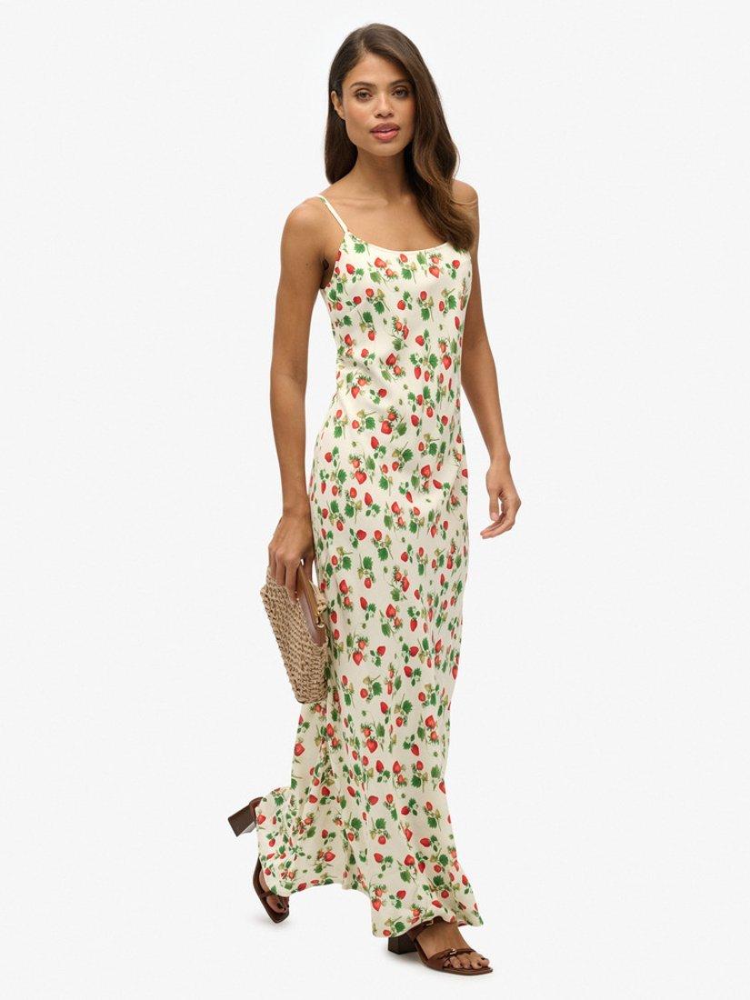 Product image 4 of 6, which shows Superdry Strawberry Print Bias Cut Slip Maxi Dress, Strawberry, 10