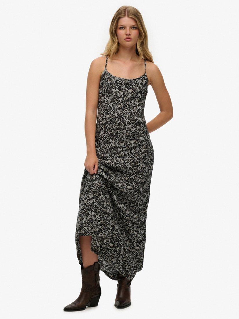 Product image 1 of 6, which shows Superdry Leopard Print Bias Cut Slip Maxi Dress, Grey Animal Print, 10