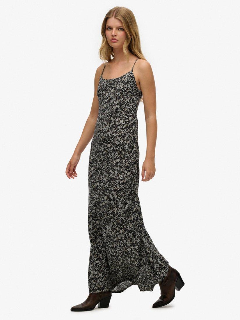 Product image 3 of 6, which shows Superdry Leopard Print Bias Cut Slip Maxi Dress, Grey Animal Print, 10