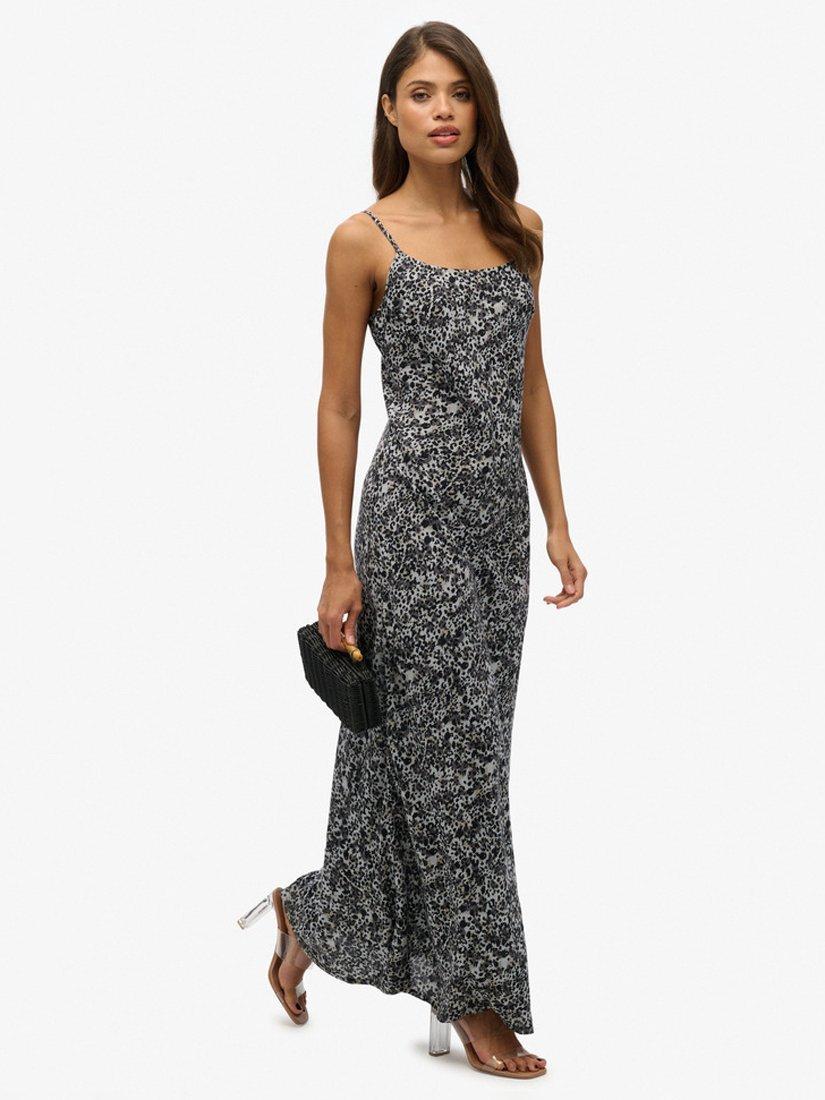 Product image 5 of 6, which shows Superdry Leopard Print Bias Cut Slip Maxi Dress, Grey Animal Print, 10