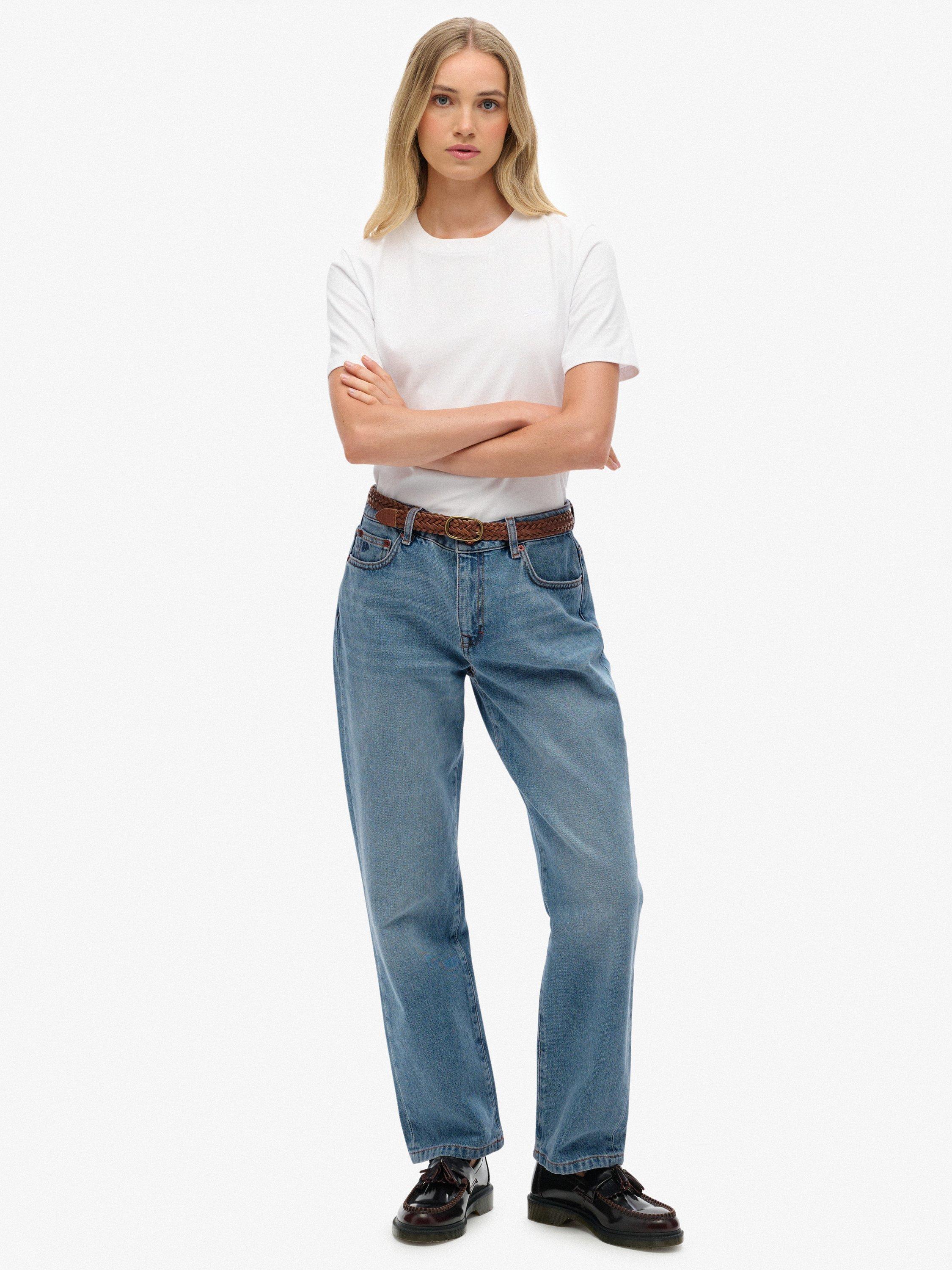 Product image 1 of 6, which shows Superdry Mid Rise Straight Jeans, Mid Blue, W26/L30