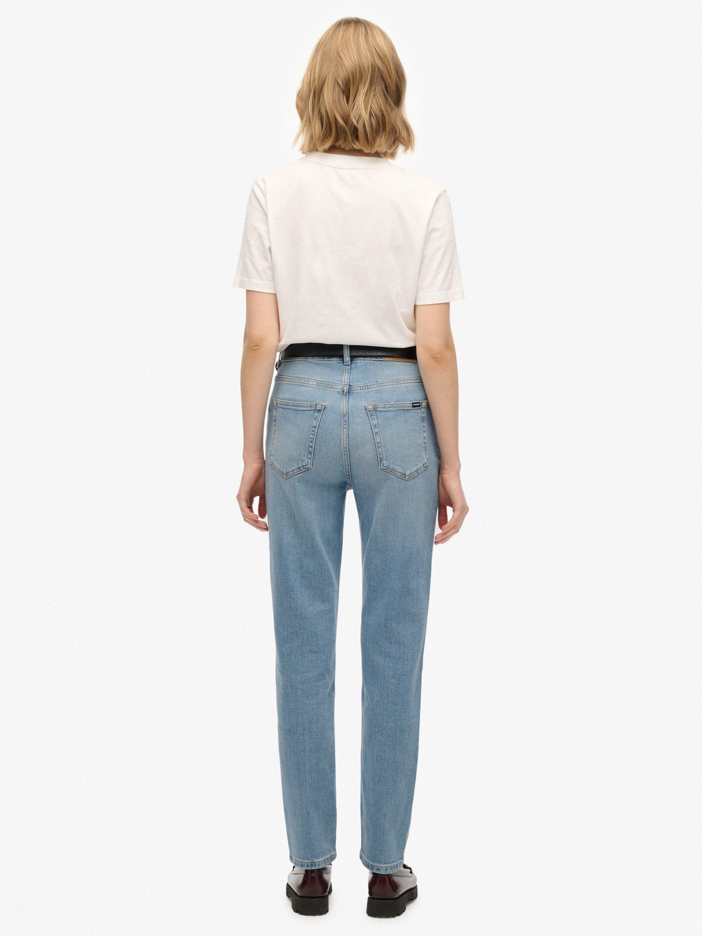 Product image 2 of 6, which shows Superdry High Rise Mom Jeans, Light Blue, W26/L30