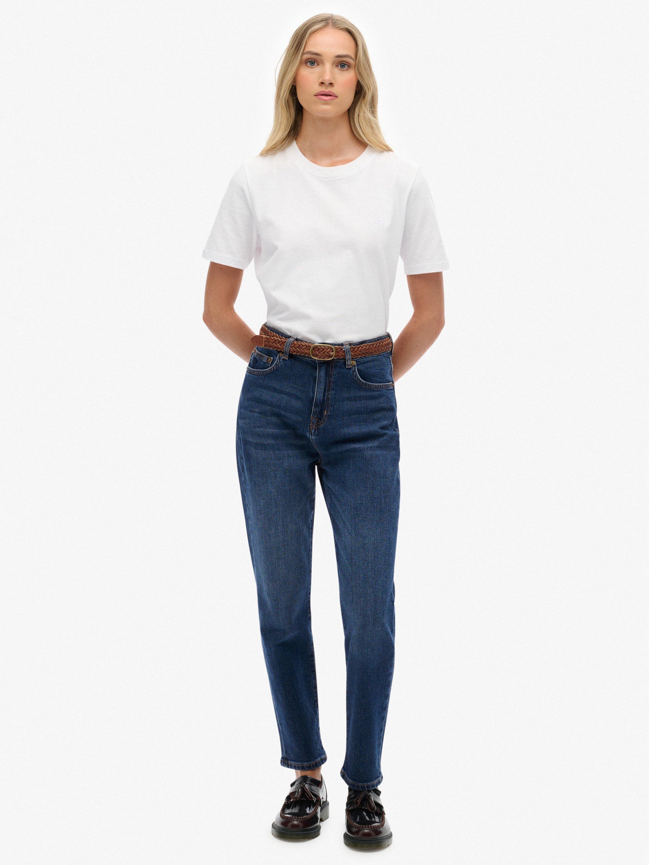 Product image 1 of 6, which shows Superdry High Rise Mom Jeans, Mid Blue, W26/L30