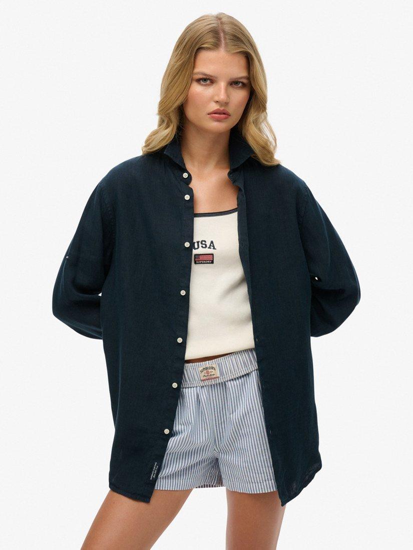 Superdry Oversized Casual Pure Linen Long Sleeve Shirt, Navy