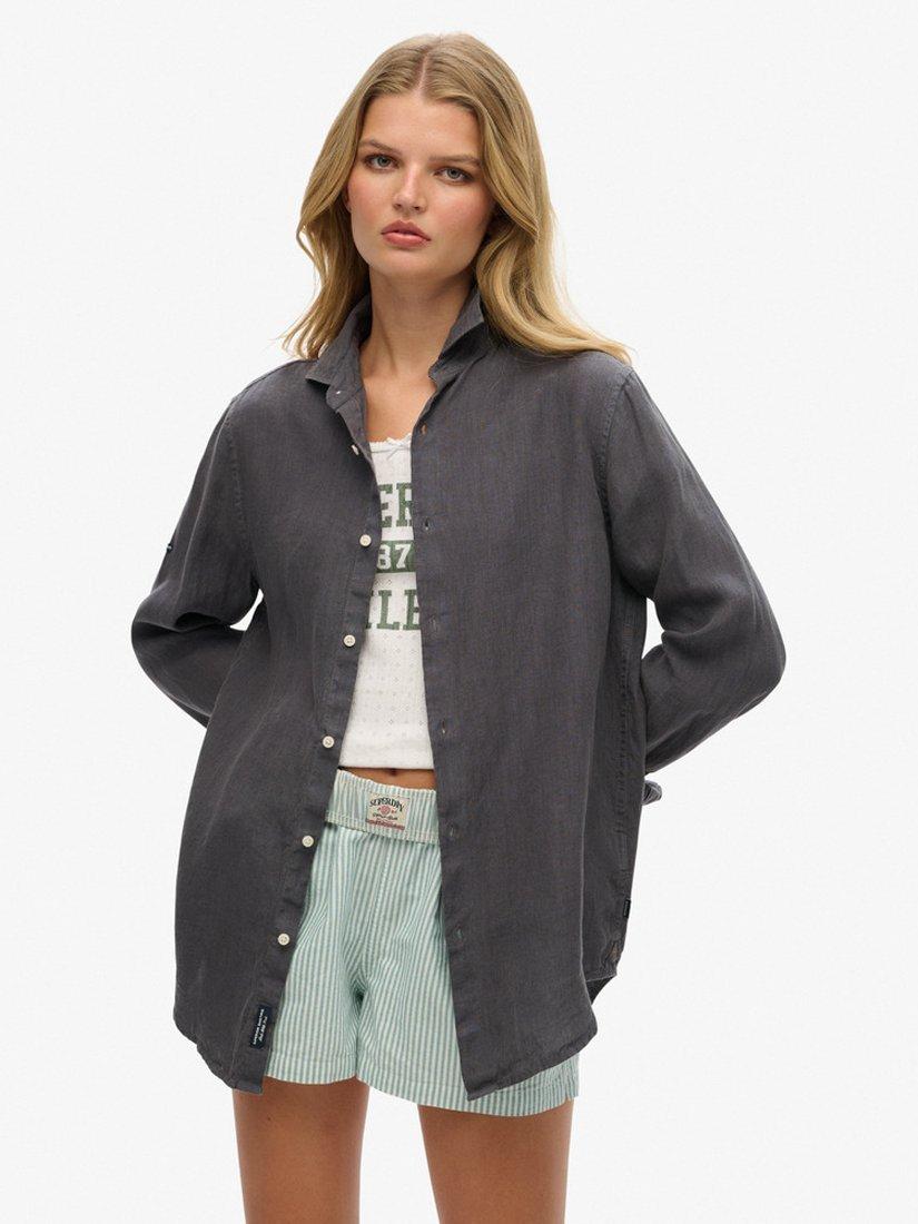 Superdry Oversized Casual Pure Linen Long Sleeve Shirt, Castlerock Grey
