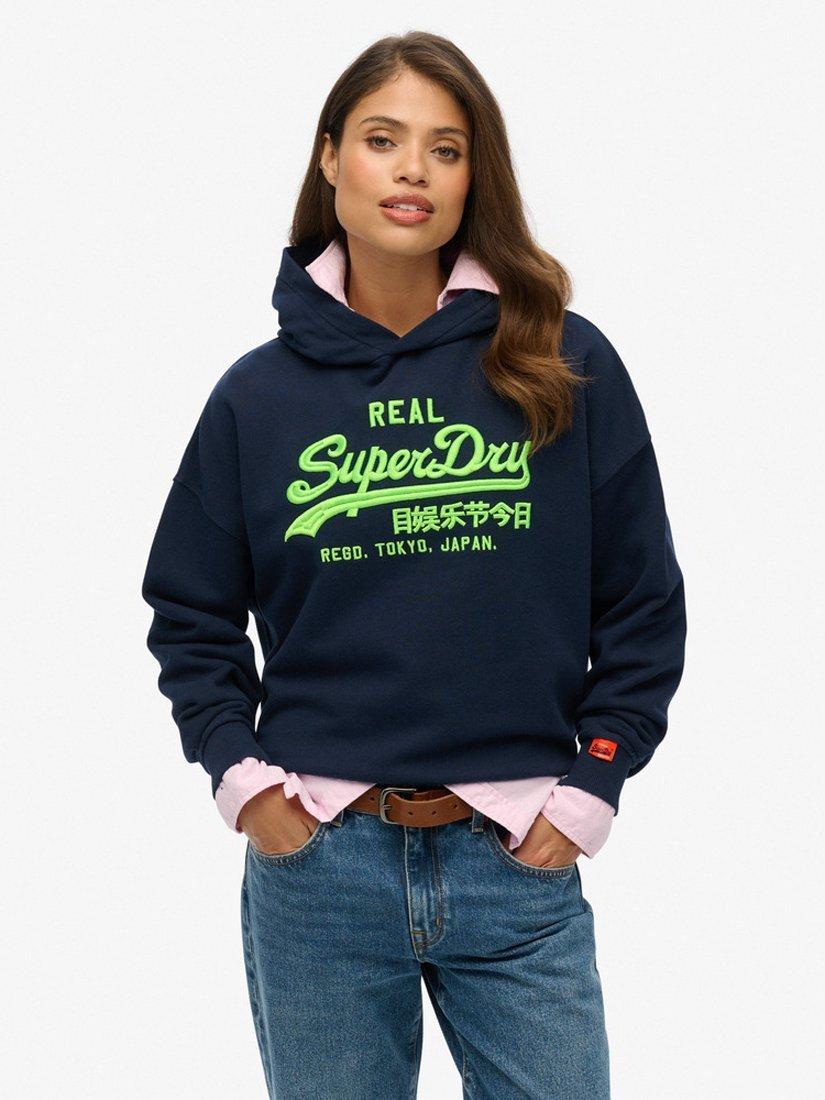 Product image 1 of 5, which shows Superdry Vintage Logo Neon Relaxed Hoodie, Nautical Navy, 10