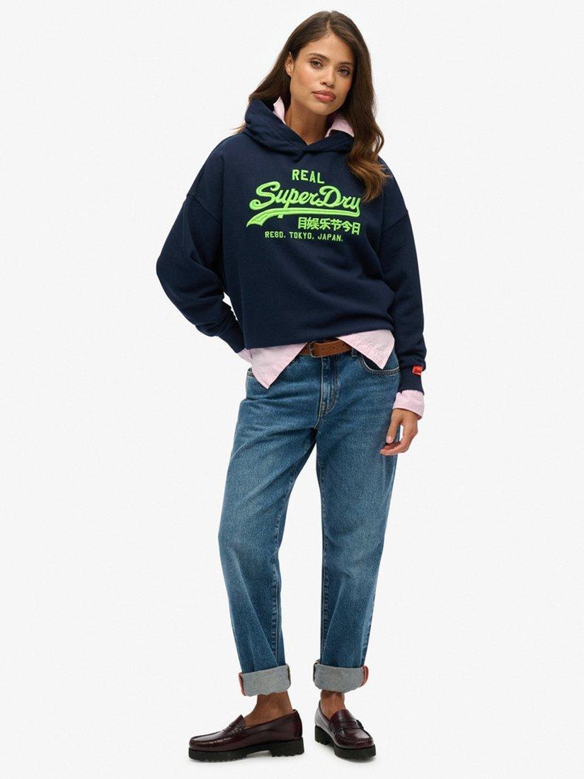 Product image 4 of 5, which shows Superdry Vintage Logo Neon Relaxed Hoodie, Nautical Navy, 10