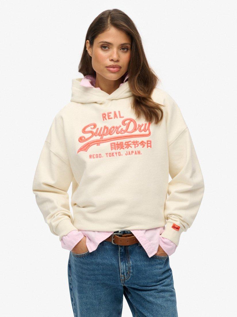 Product image 1 of 5, which shows Superdry Vintage Logo Neon Relaxed Hoodie, Cream, 10
