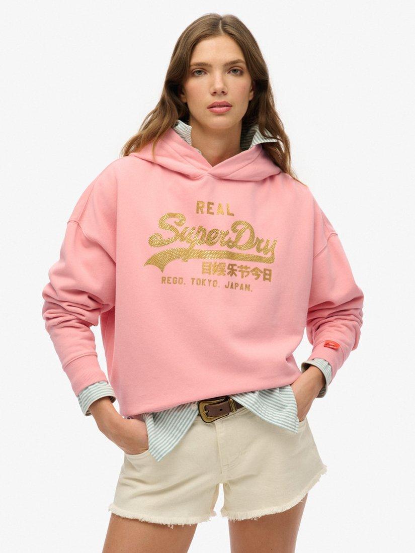 Product image 1 of 5, which shows Superdry Vintage Logo Rhinestone Hoodie, Peach Amber, 10