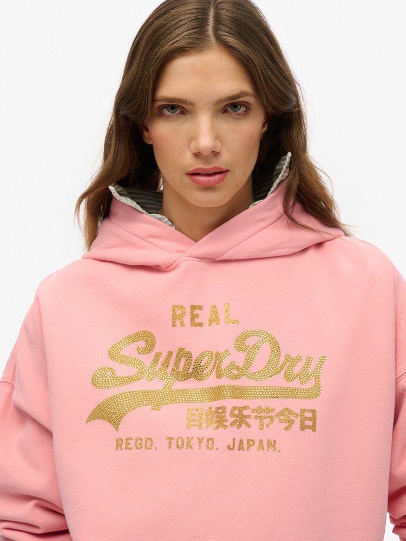 Product image 2 of 5, which shows Superdry Vintage Logo Rhinestone Hoodie, Peach Amber, 10