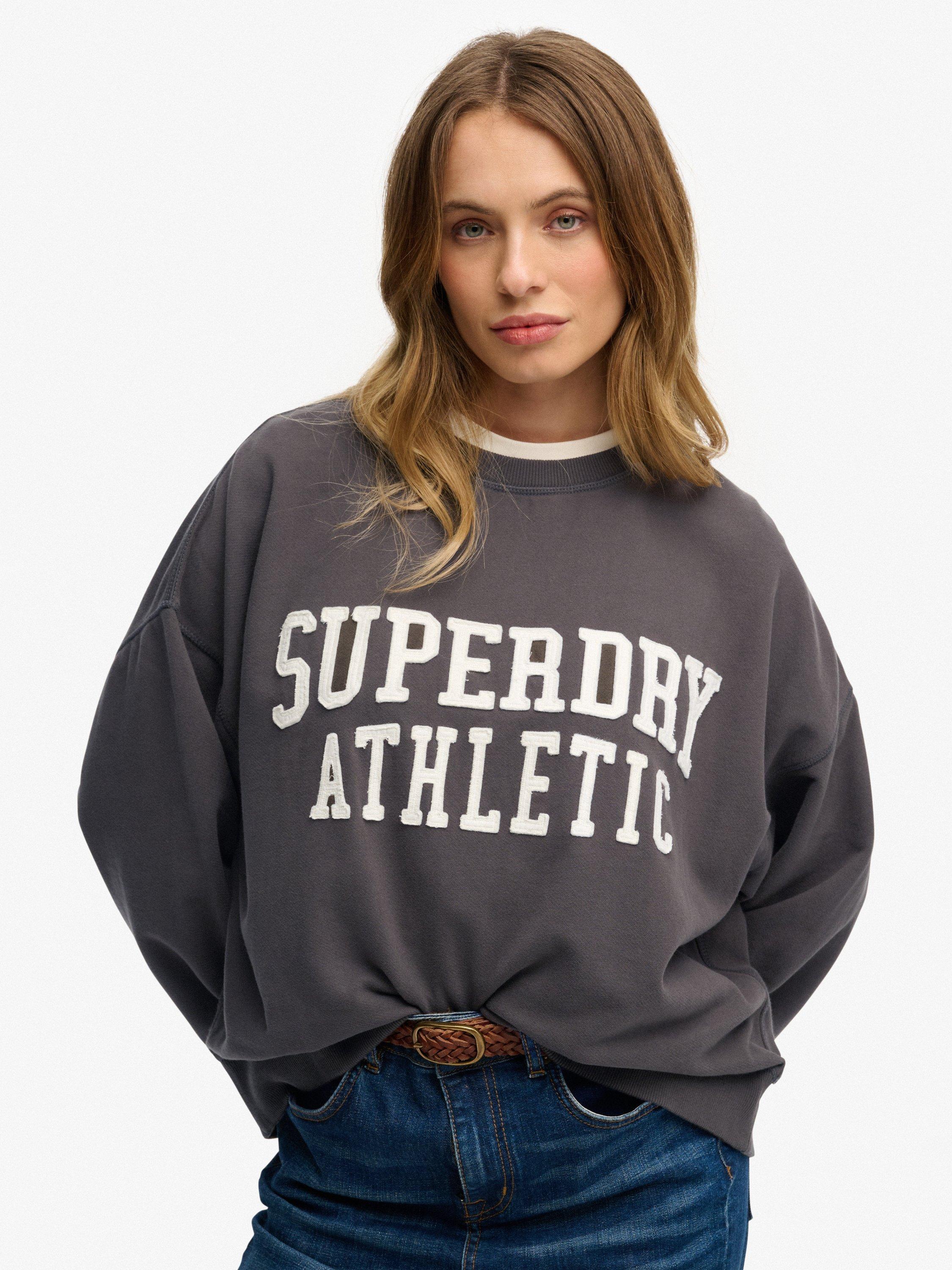Product image 1 of 5, which shows Superdry Athletic Essentials Relaxed Applique Sweatshirt, Charcoal, 10