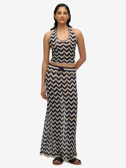 Superdry Zig Zag Crochet Knit Maxi Skirt, Navy Gold Zigzag, Navy Gold Zigzag