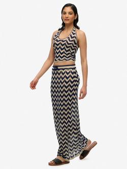 Superdry Zig Zag Crochet Knit Maxi Skirt, Navy Gold Zigzag - view 2, Navy Gold Zigzag