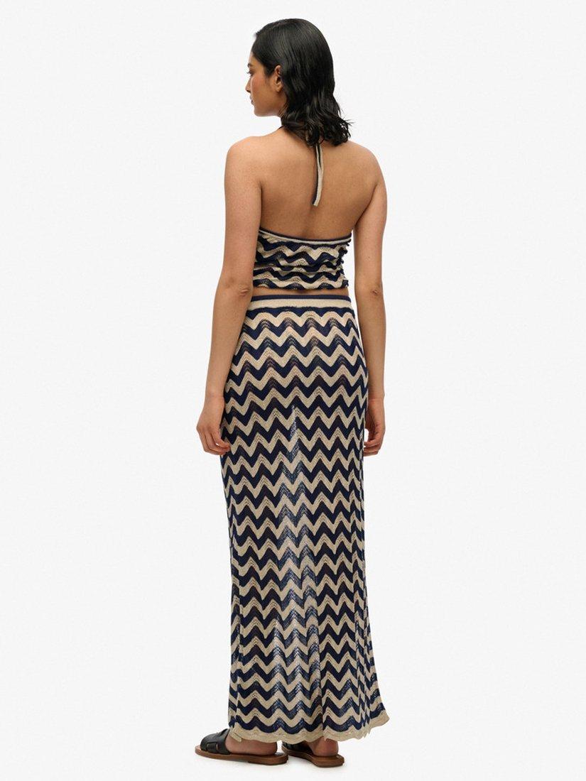Product image 3 of 6, which shows Superdry Zig Zag Crochet Knit Maxi Skirt, Navy Gold Zigzag, 10