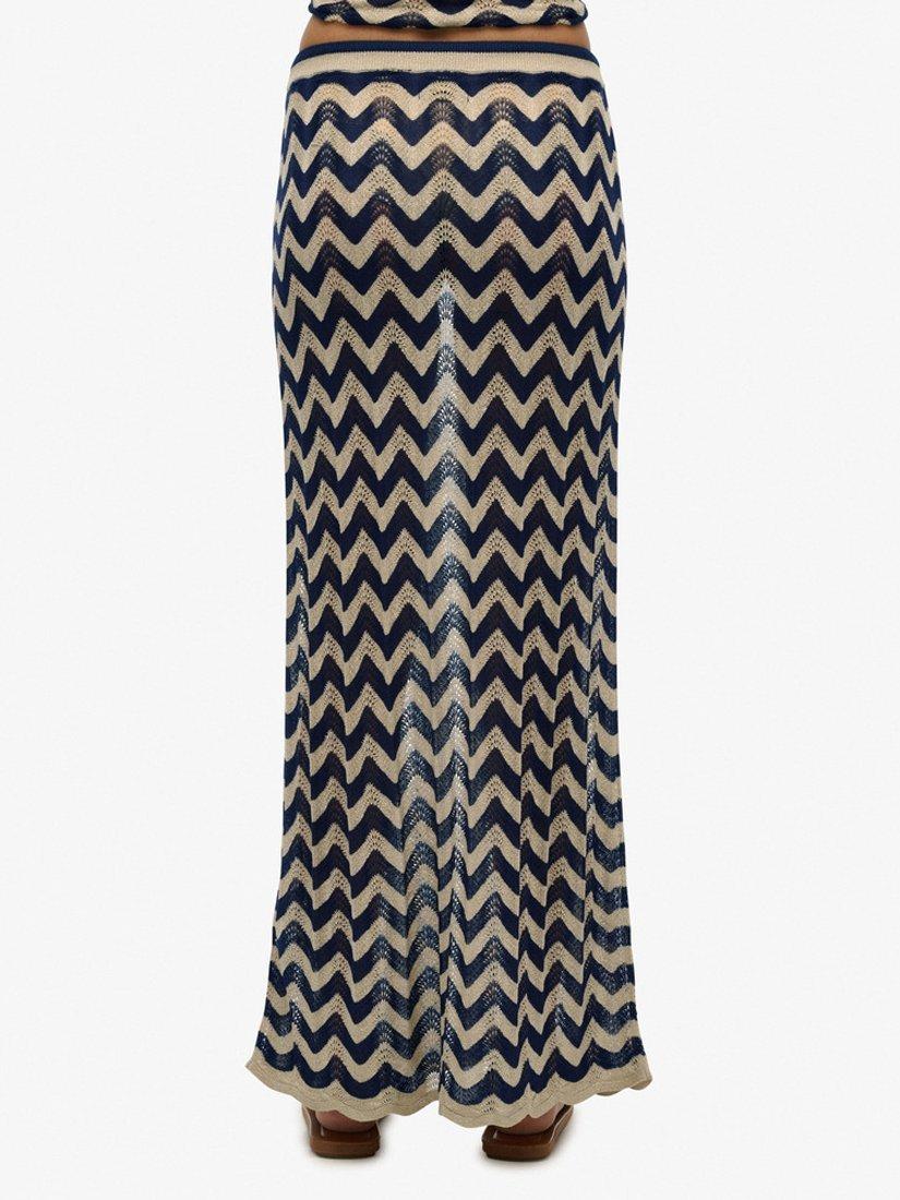 Product image 4 of 6, which shows Superdry Zig Zag Crochet Knit Maxi Skirt, Navy Gold Zigzag, 10