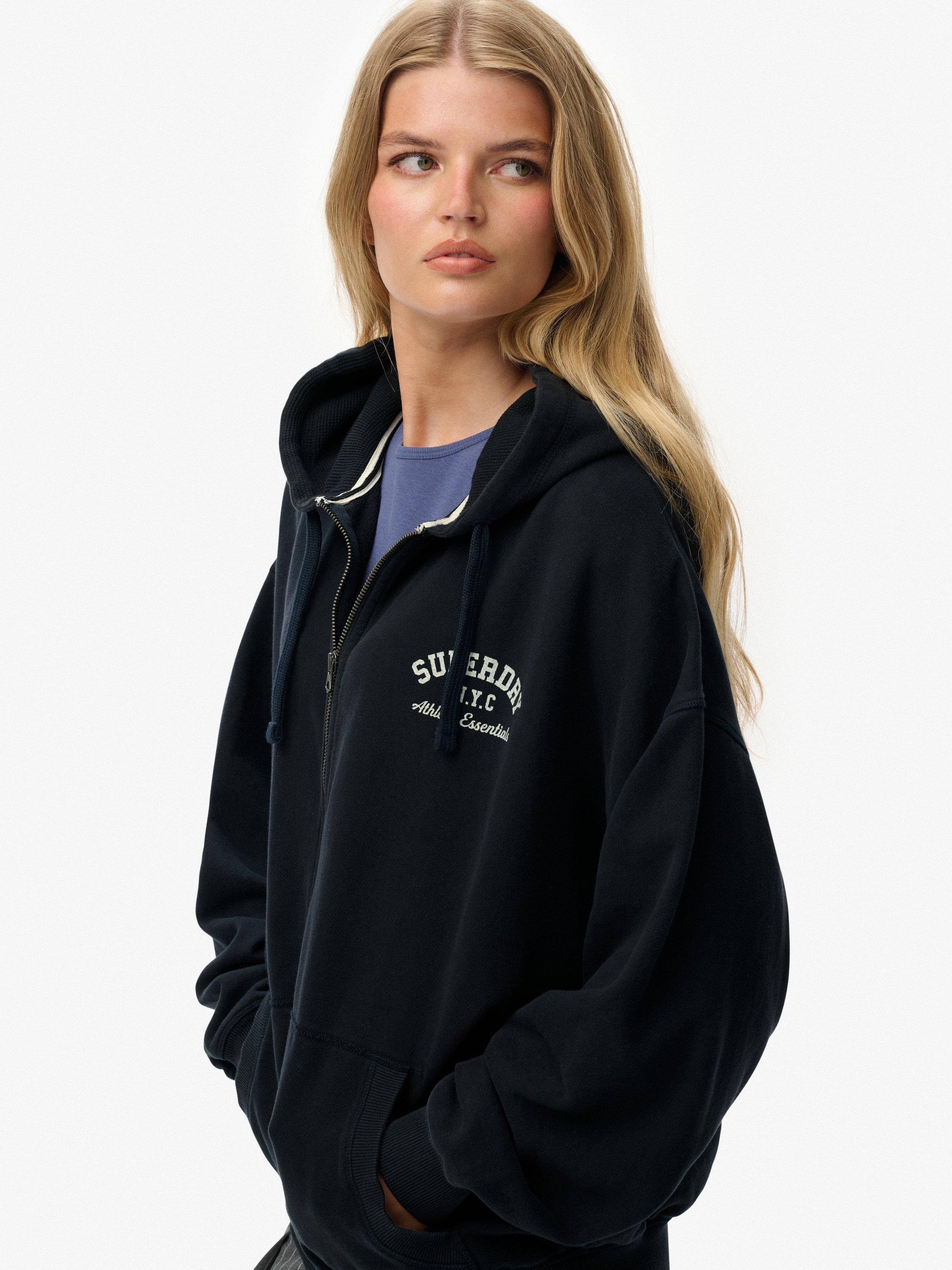 Product image 4 of 5, which shows Superdry Athletic Essentials Oversized Zip Hoodie, Eclipse Navy/  White, 10