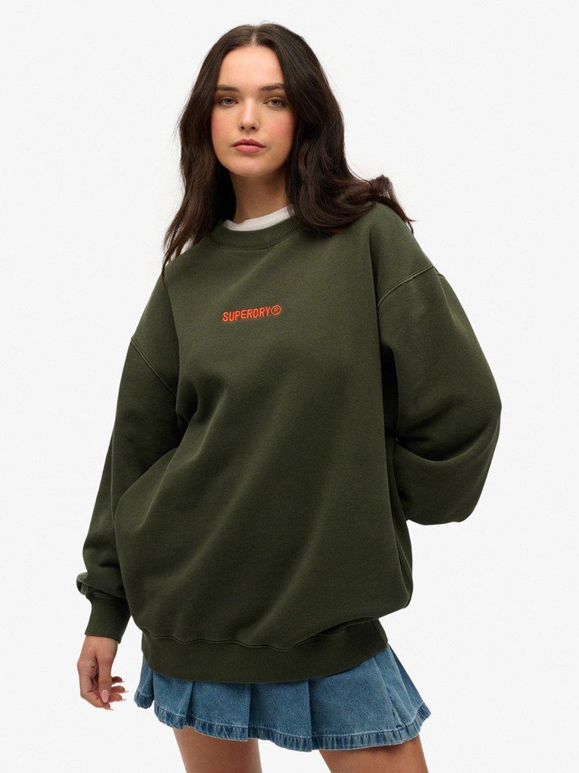 Superdry Oversized Micro Logo Graphic Crew Sweatshirt, Army Khaki