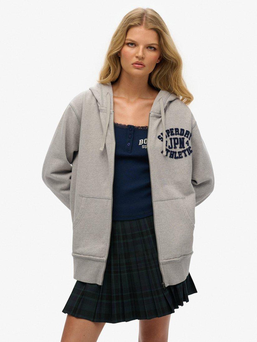 Superdry Oversized Vintage Athletic Zip Hoodie, Light Grey Marl
