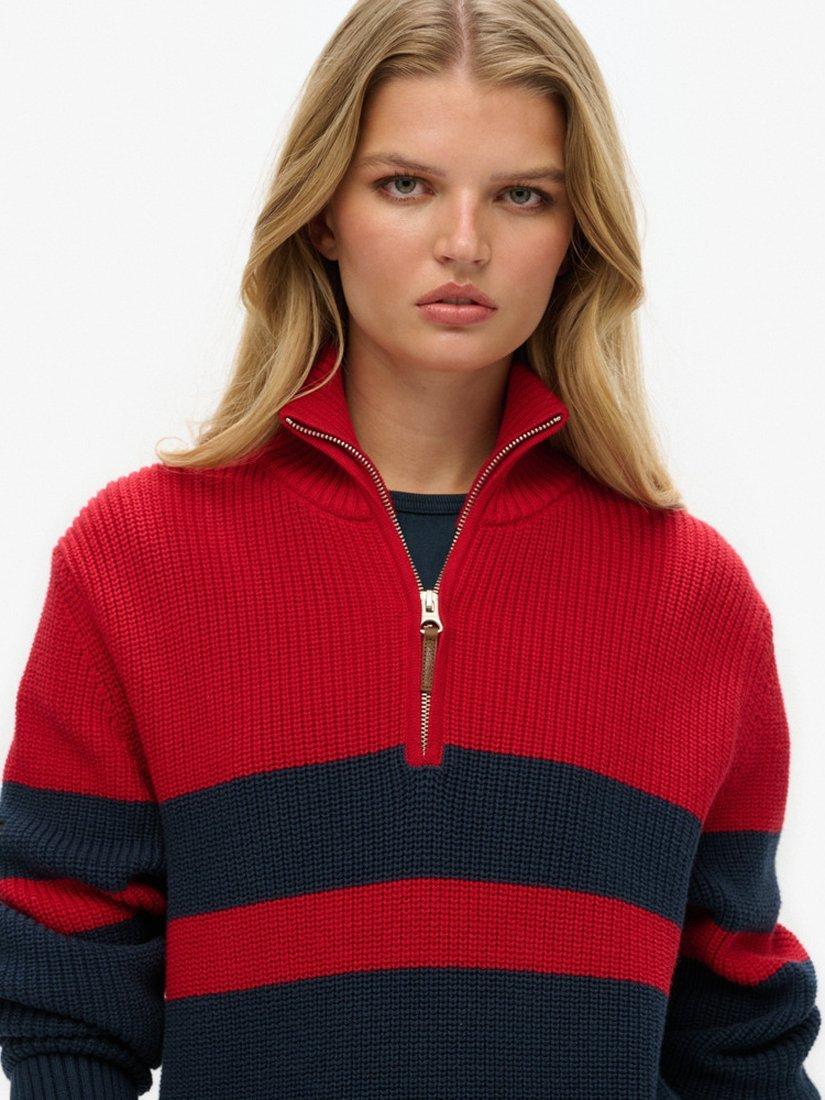 Product image 2 of 5, which shows Superdry Oversized Classic Stripe 1/2 Zip Jumper , Navy/Red, XS