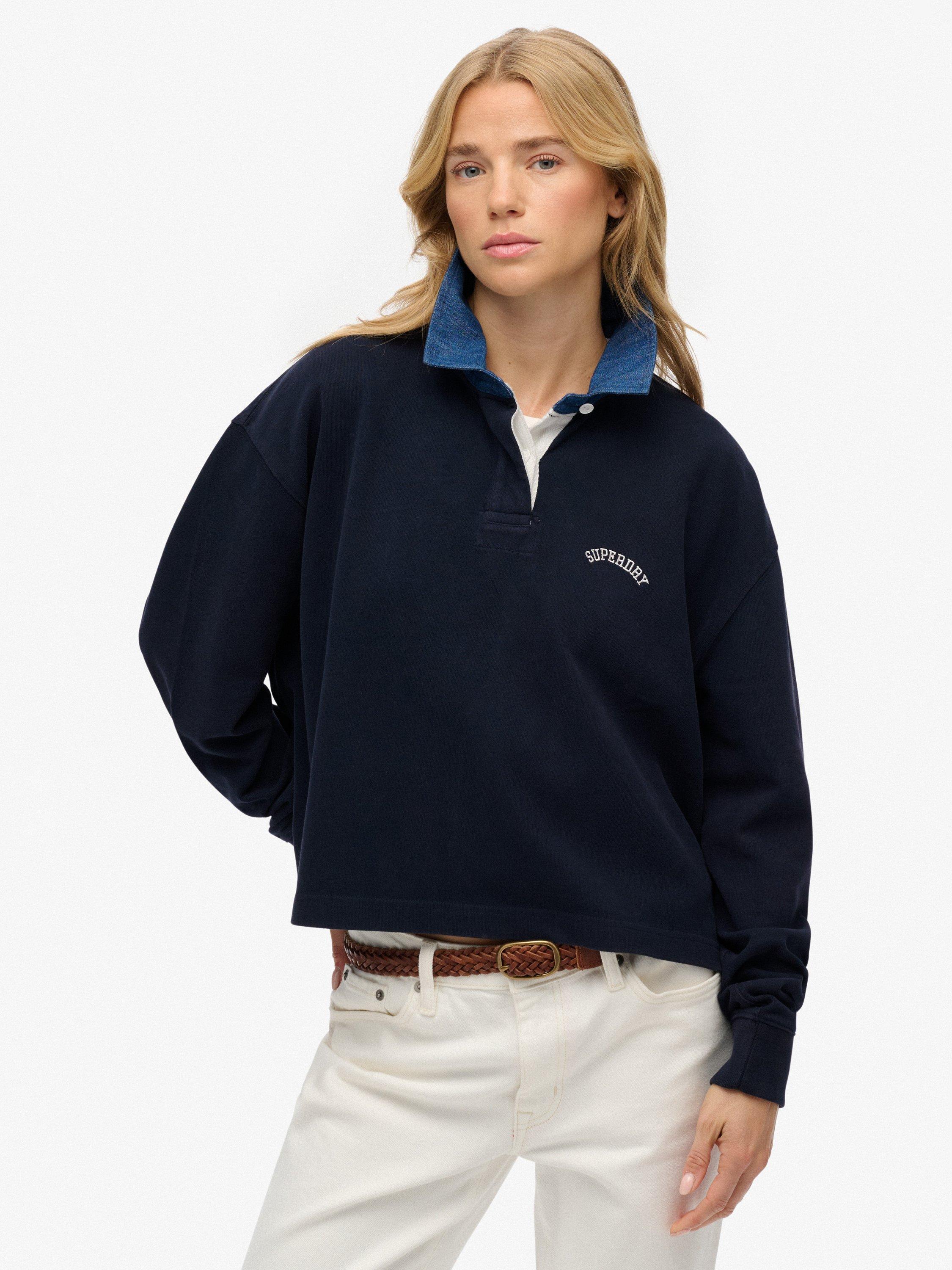 Product image 1 of 5, which shows Superdry Athletic Essentials Graphic Rugby Shirt, Eclipse Navy, 10