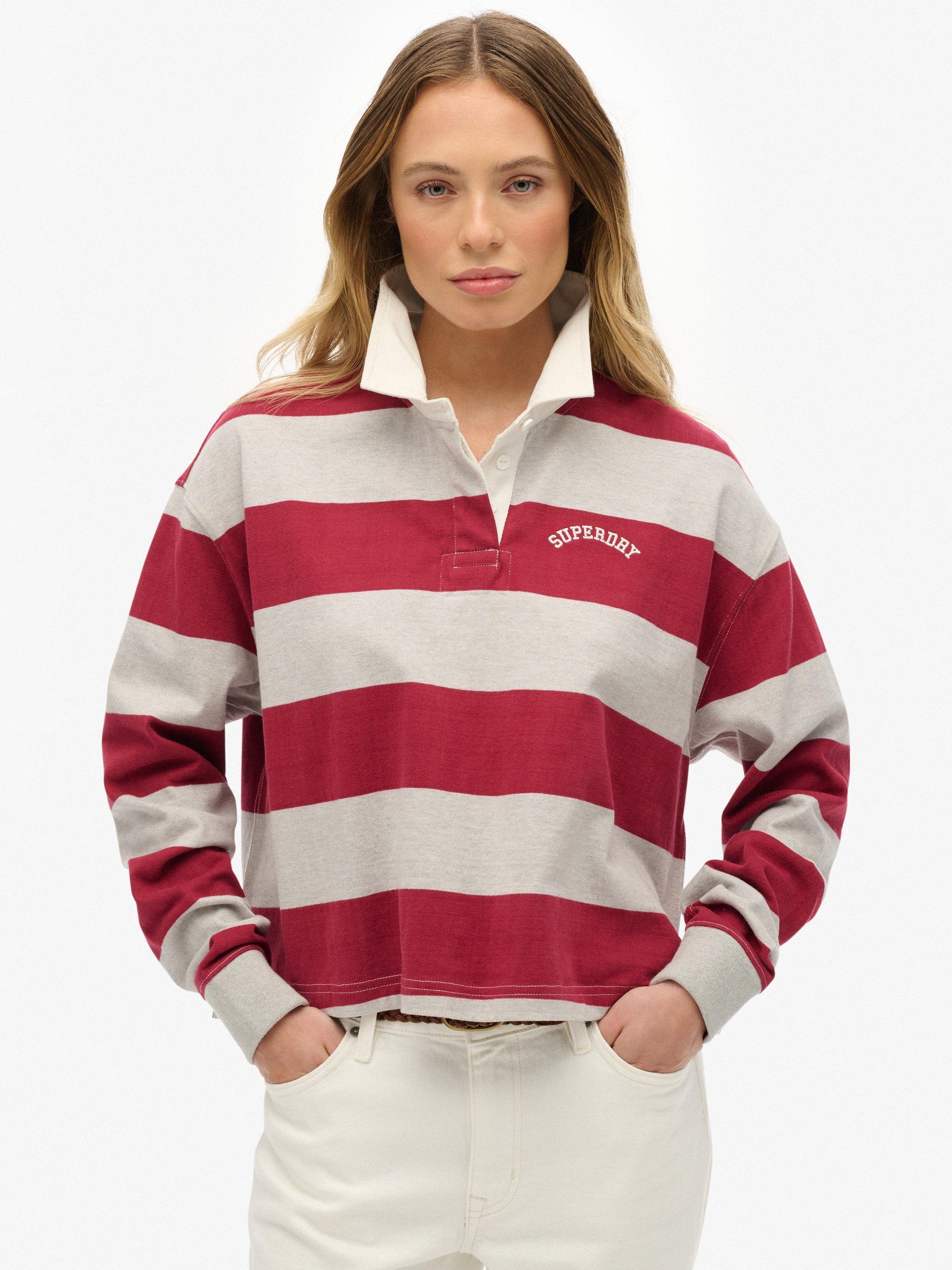 Product image 1 of 5, which shows Superdry Cotton Athletic Essentials Stripe Rugby Top, Bordeaux Red, 10