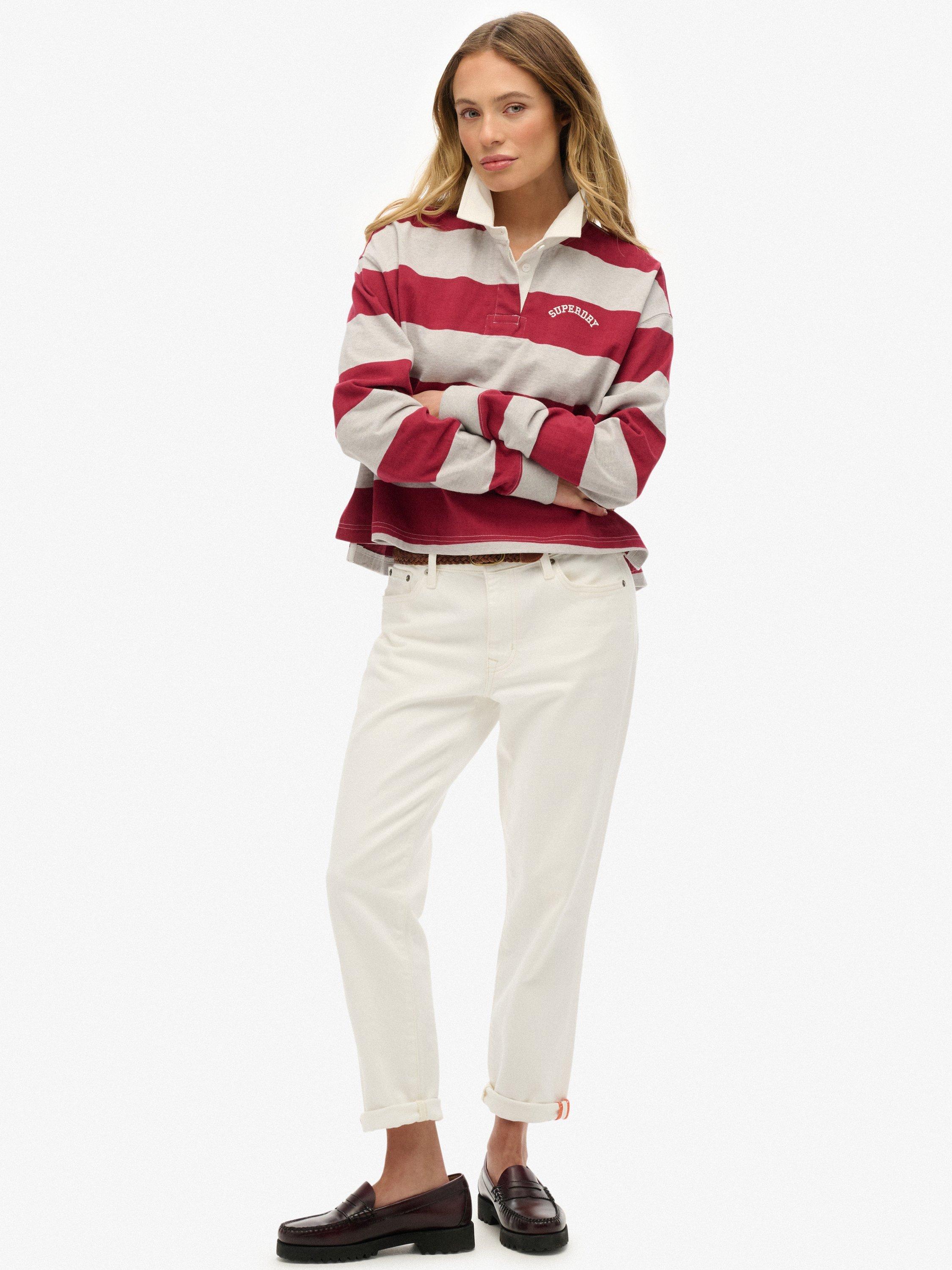 Product image 3 of 5, which shows Superdry Cotton Athletic Essentials Stripe Rugby Top, Bordeaux Red, 10