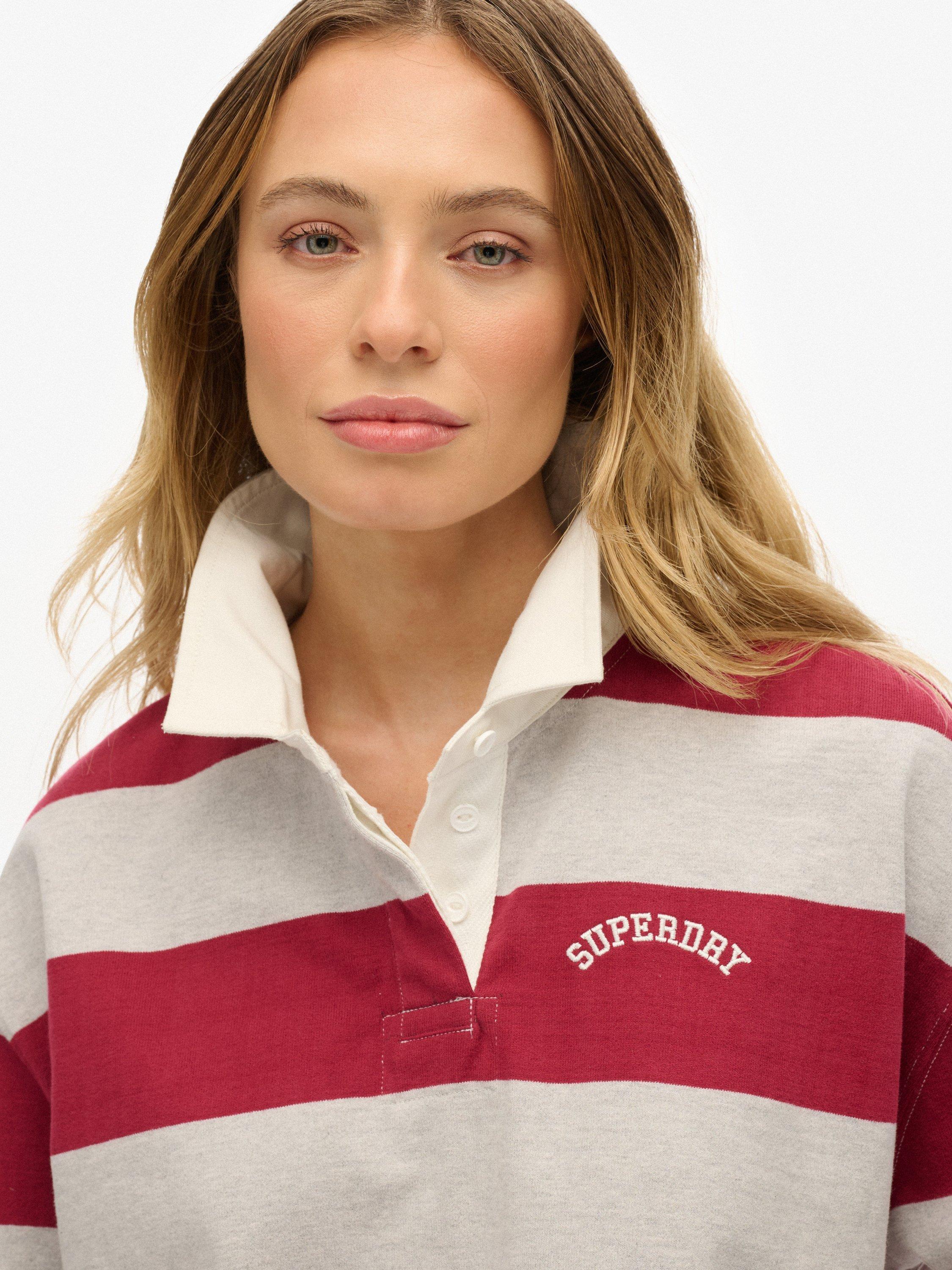 Product image 4 of 5, which shows Superdry Cotton Athletic Essentials Stripe Rugby Top, Bordeaux Red, 10