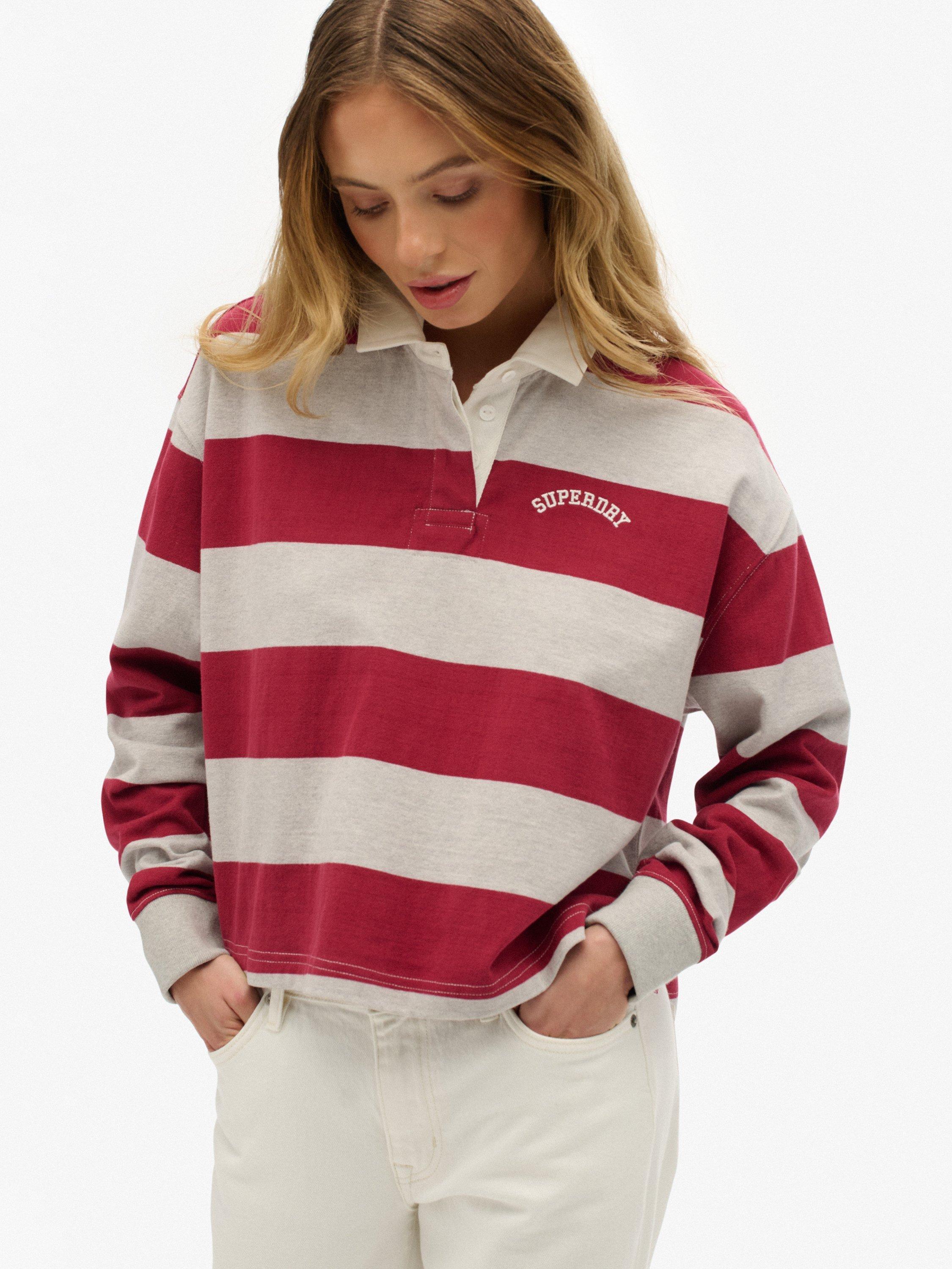 Product image 5 of 5, which shows Superdry Cotton Athletic Essentials Stripe Rugby Top, Bordeaux Red, 10