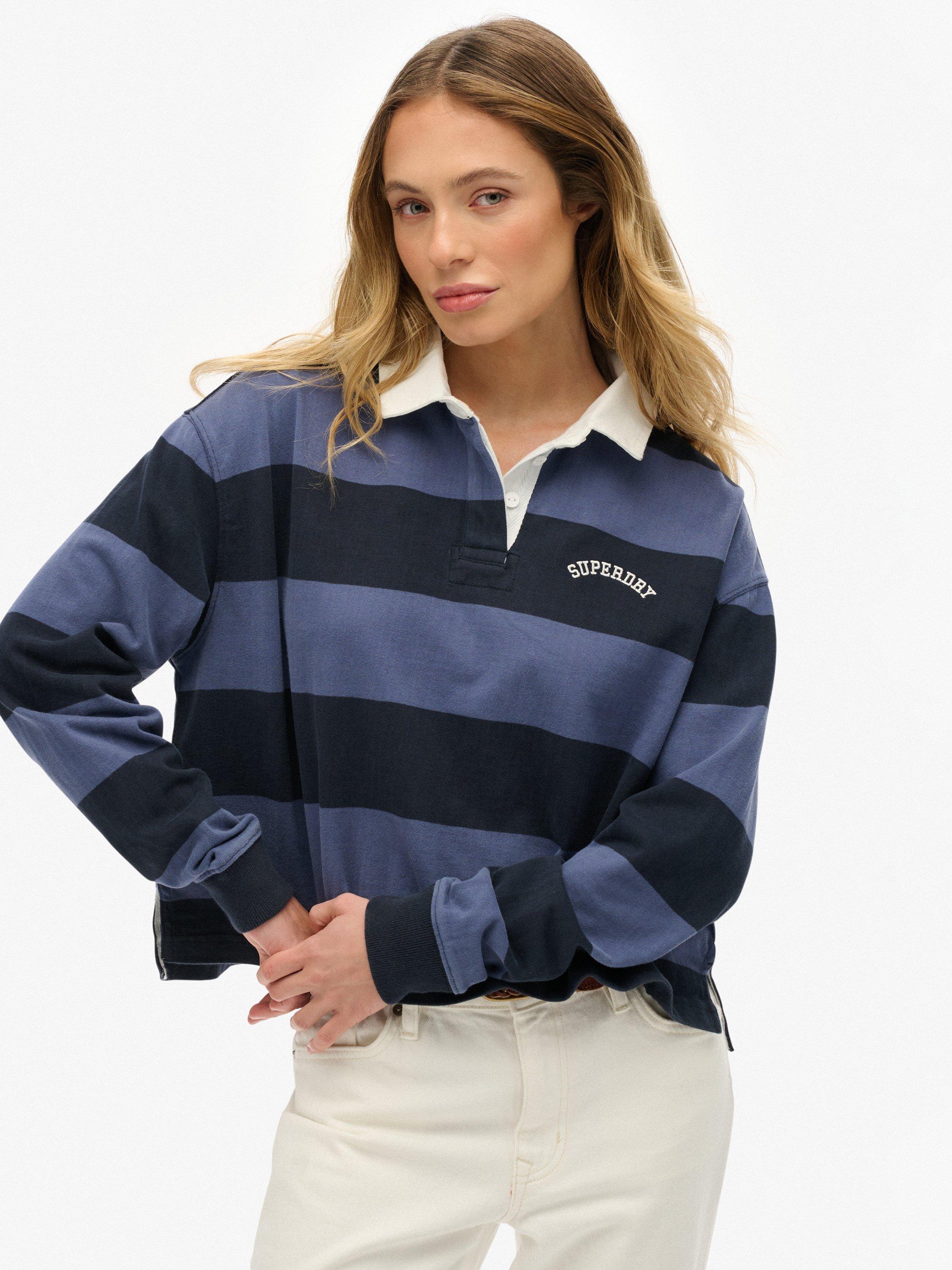Product image 1 of 5, which shows Superdry Cotton Athletic Essentials Stripe Rugby Top, Mariner Navy, 10