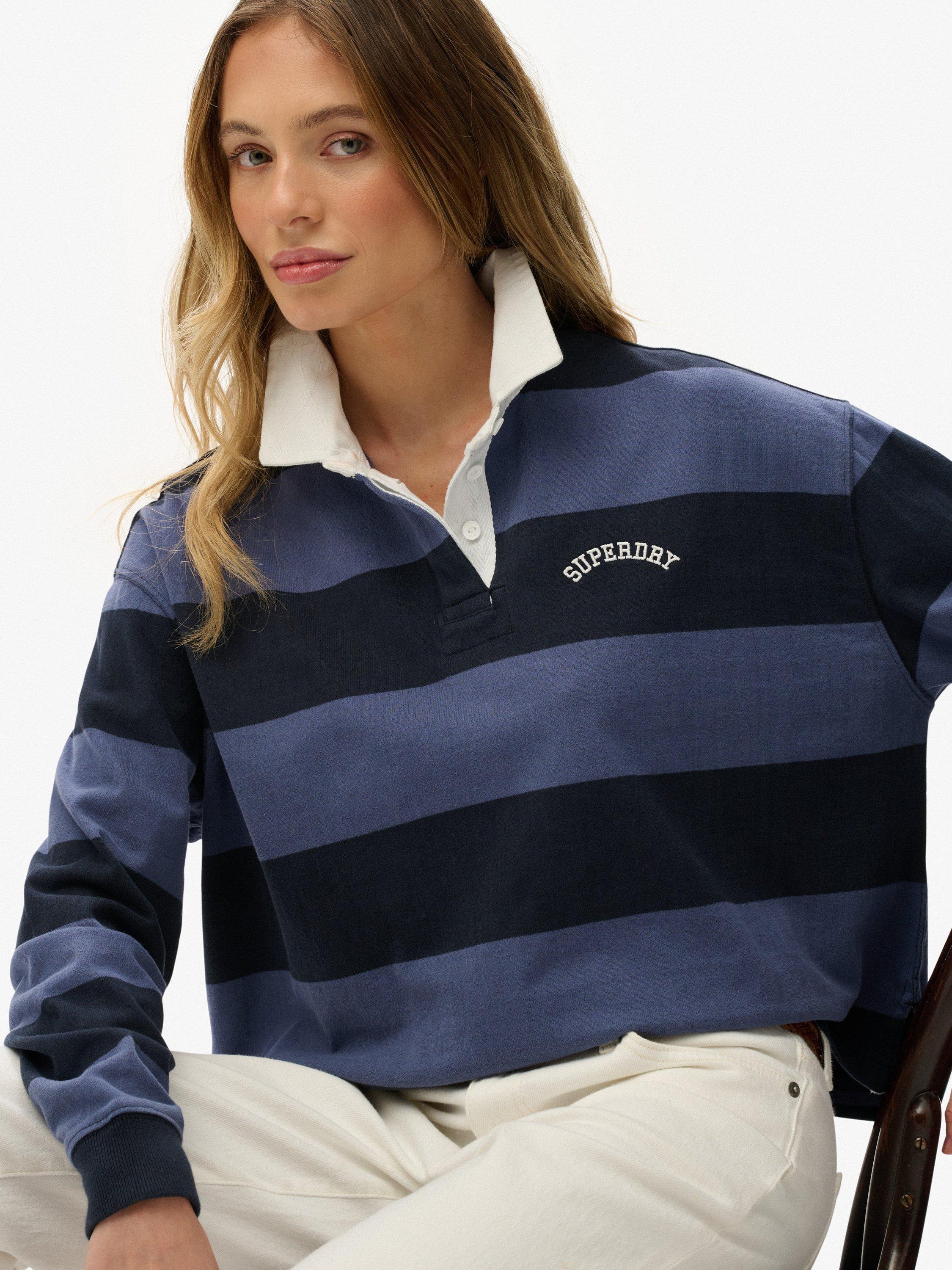 Product image 5 of 5, which shows Superdry Cotton Athletic Essentials Stripe Rugby Top, Mariner Navy, 10
