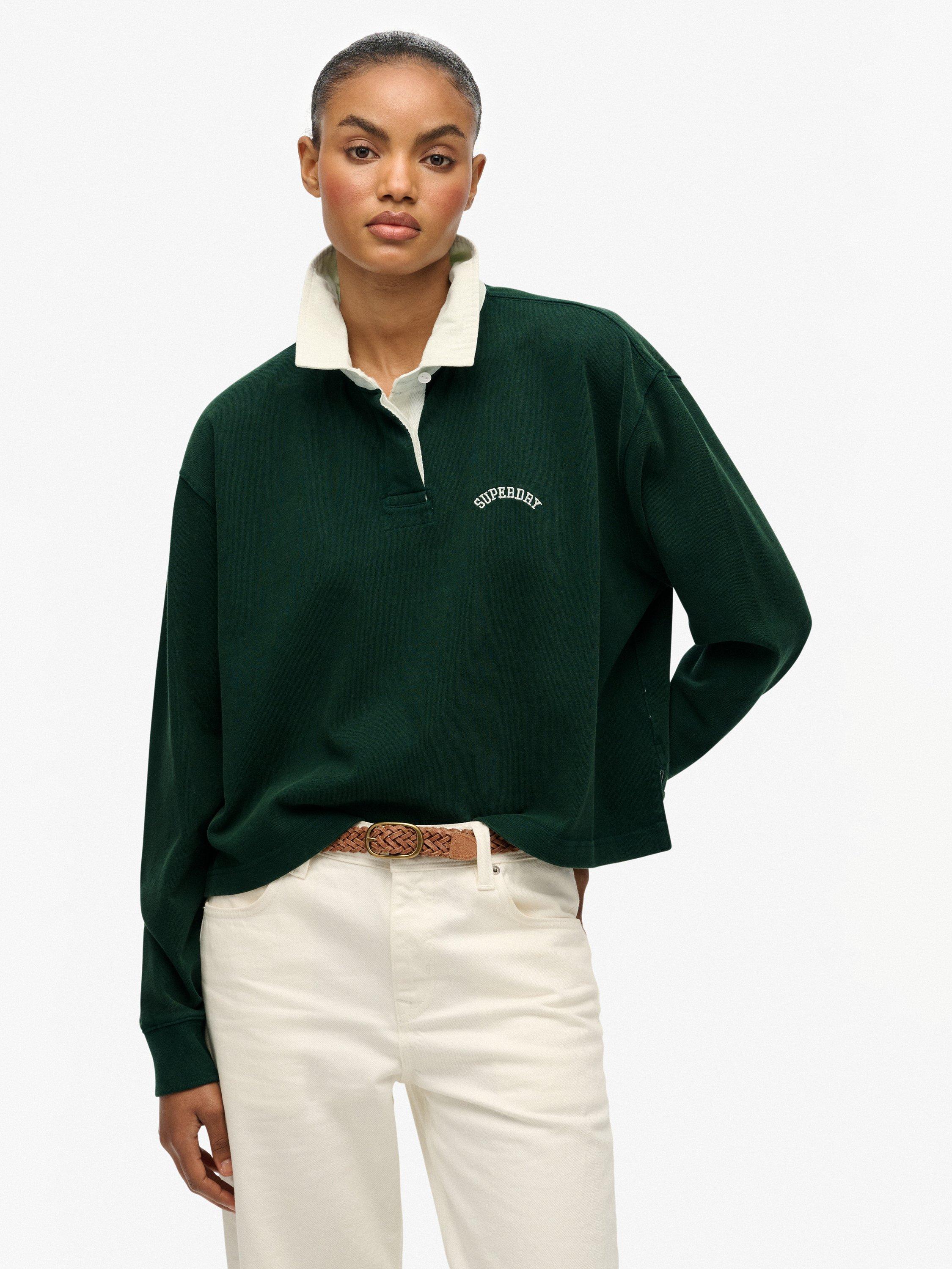 Product image 1 of 5, which shows Superdry Athletic Essentials Graphic Rugby Shirt, Enamel Green, 10