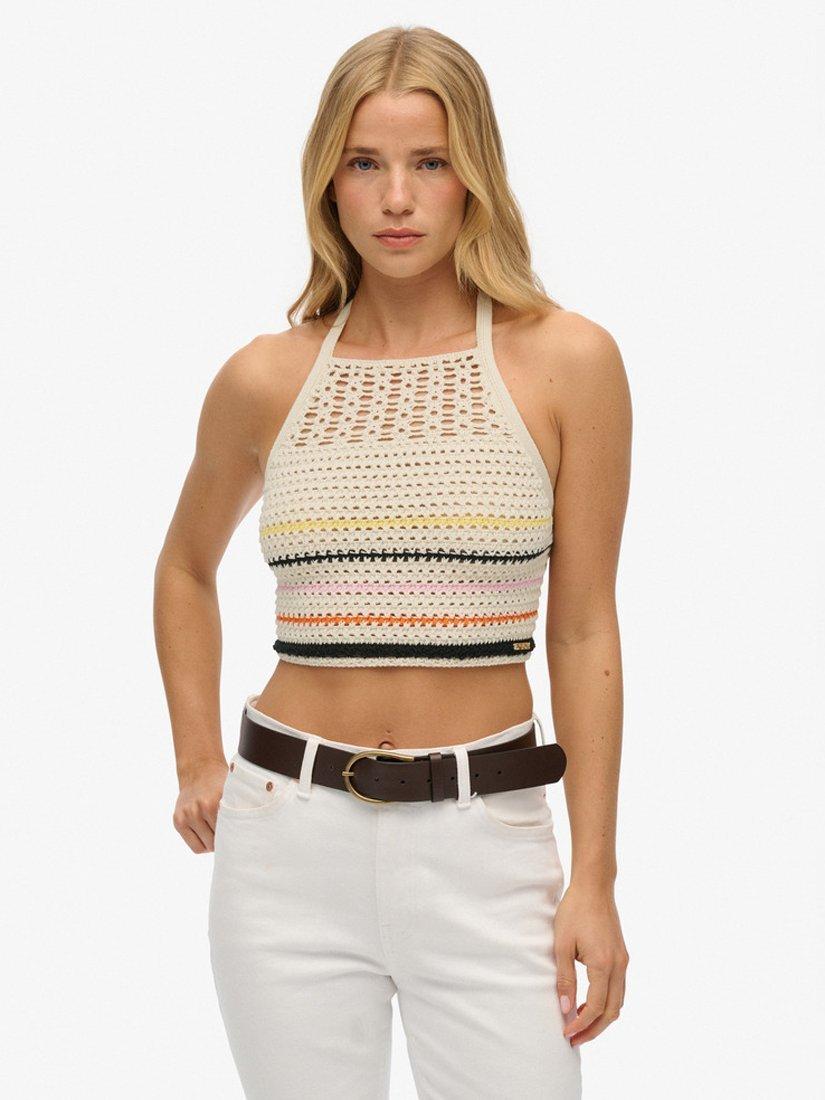 Product image 1 of 6, which shows Superdry Crochet Knit Crop Top, Buttercream, 10