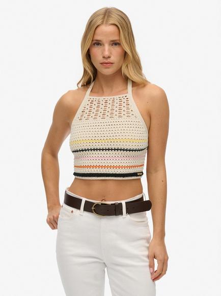 Superdry Crochet Knit Crop Top, Buttercream, Buttercream