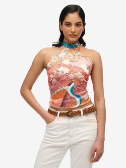 Superdry Jacquard Halterneck Top, Kam Coral, Kam Coral
