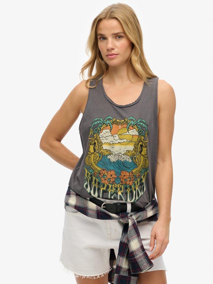 Product image 1 of 5, which shows Superdry Psych Surf Graphic Racer Vest Top, Charcoal, 10