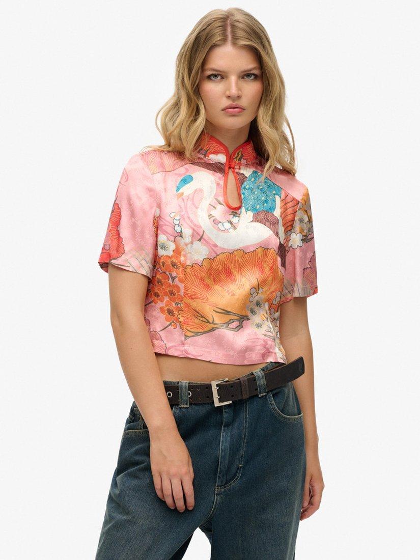 Product image 1 of 5, which shows Superdry Mandarin Jacquard Top, Coral, 10