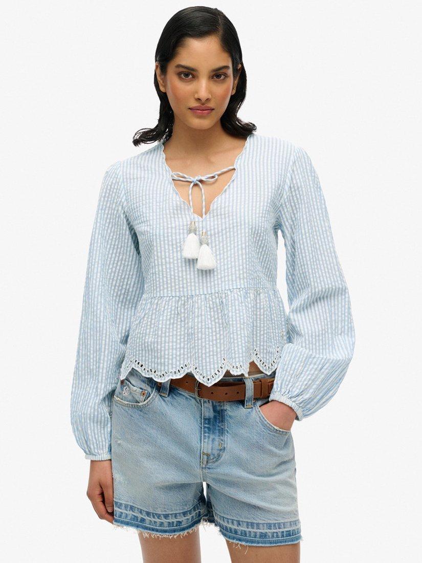 Product image 1 of 1, which shows Superdry Broderie Long Sleeve Blouse, Blue, 10