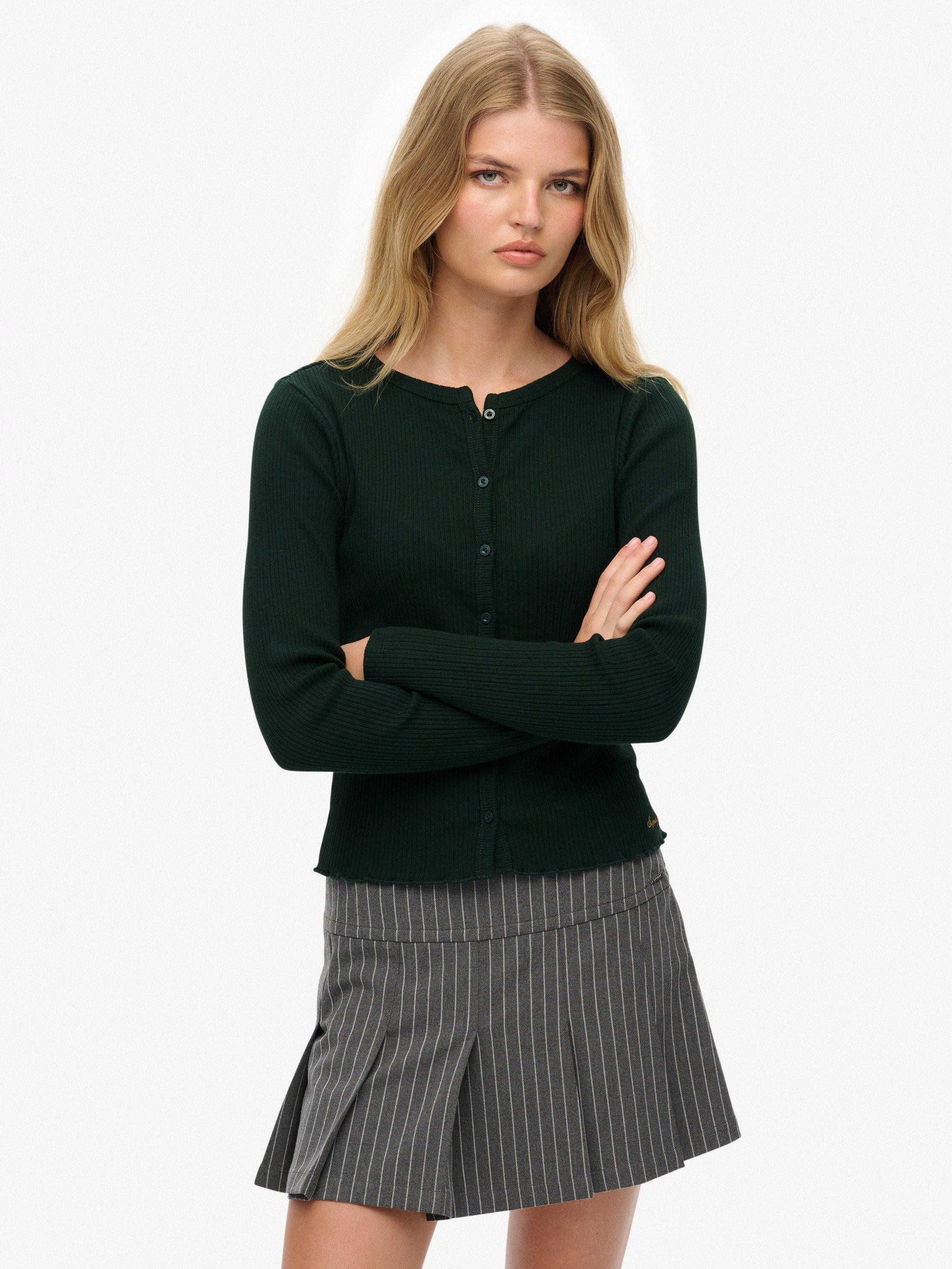 Product image 1 of 5, which shows Superdry Athletic Essentials Rib Knit Cardigan, Enamel Green, 10