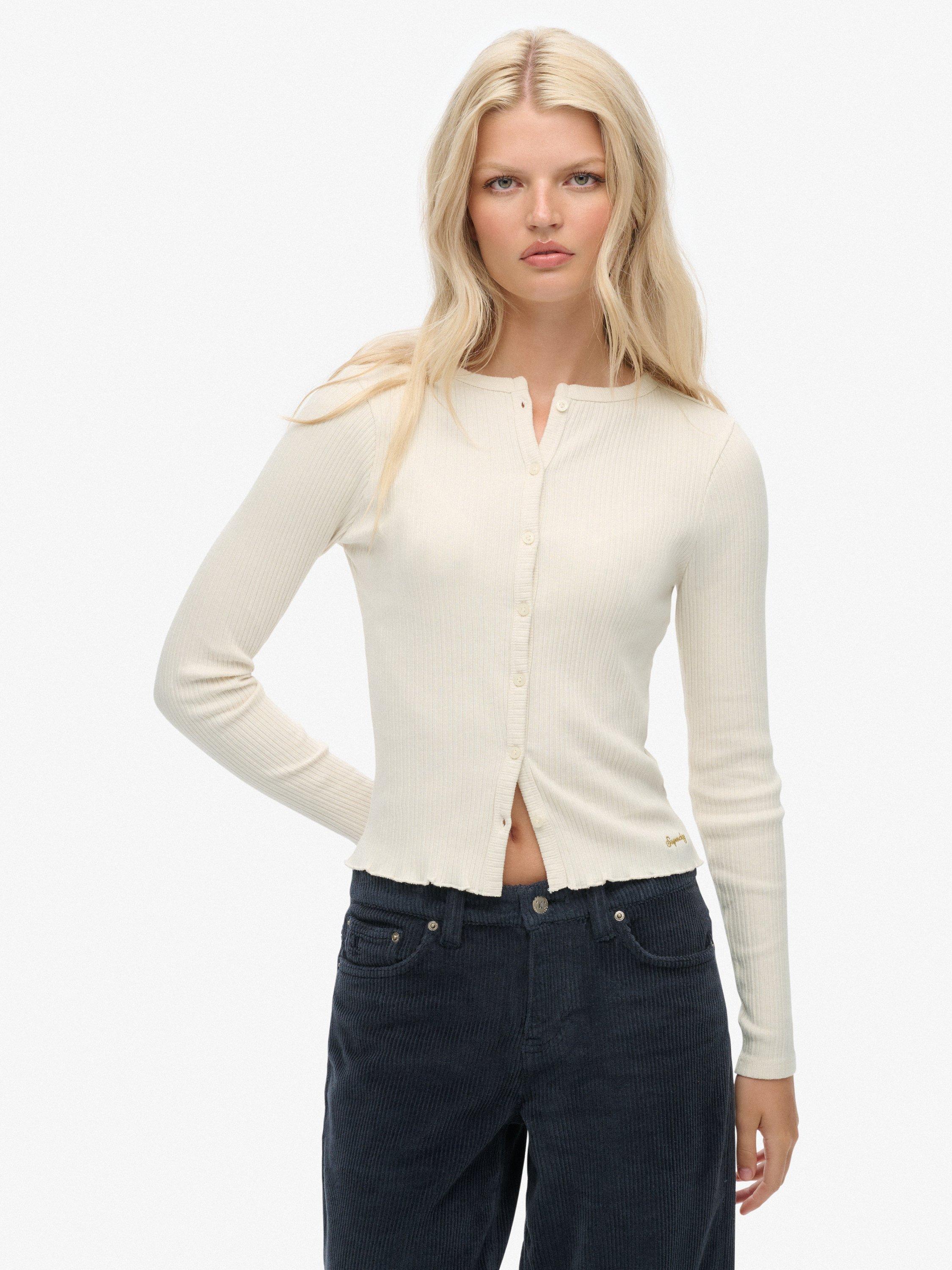 Product image 1 of 5, which shows Superdry Athletic Essentials Rib Knit Cardigan, Desert Bone   White, 10