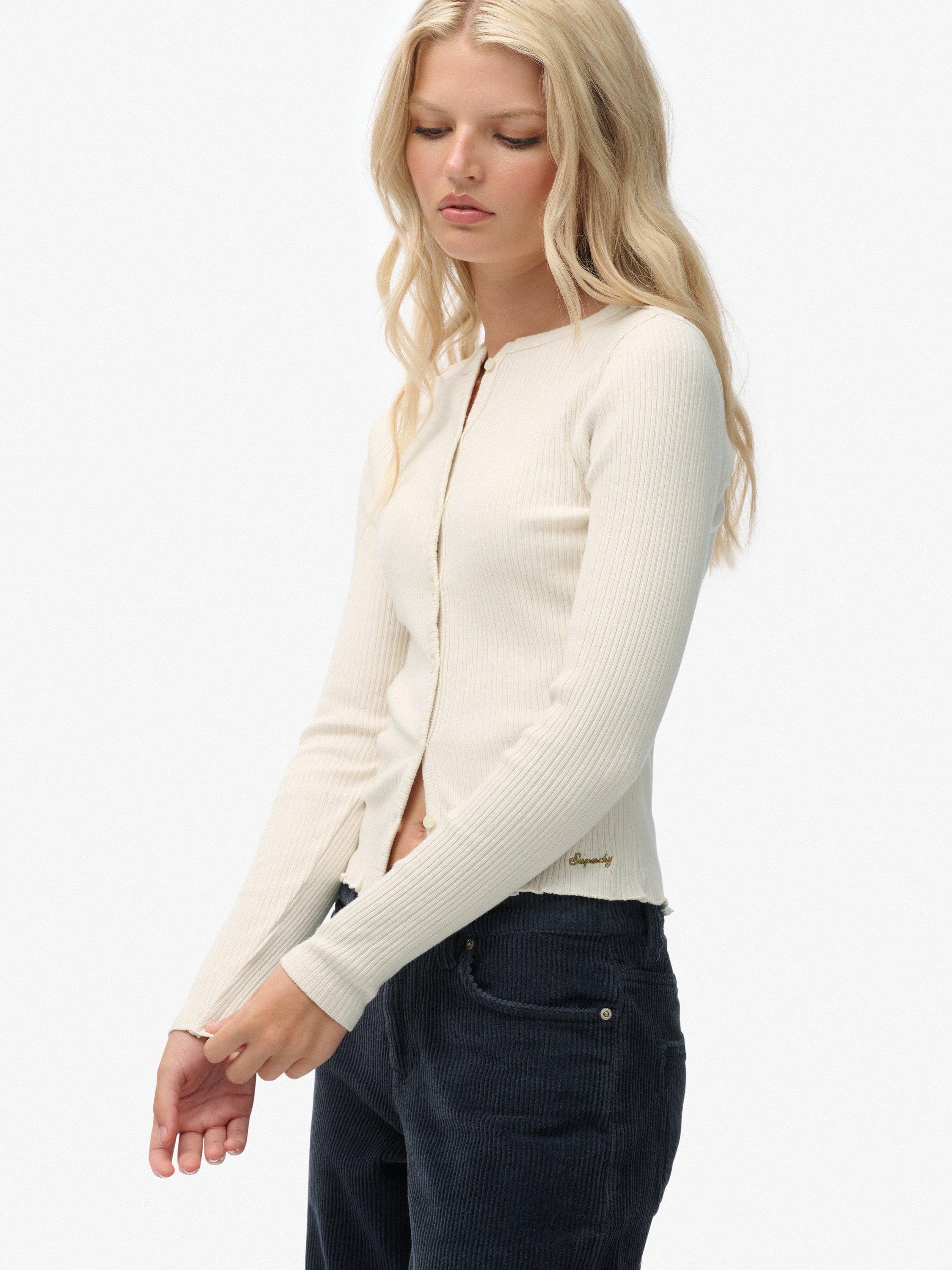 Product image 4 of 5, which shows Superdry Athletic Essentials Rib Knit Cardigan, Desert Bone   White, 10