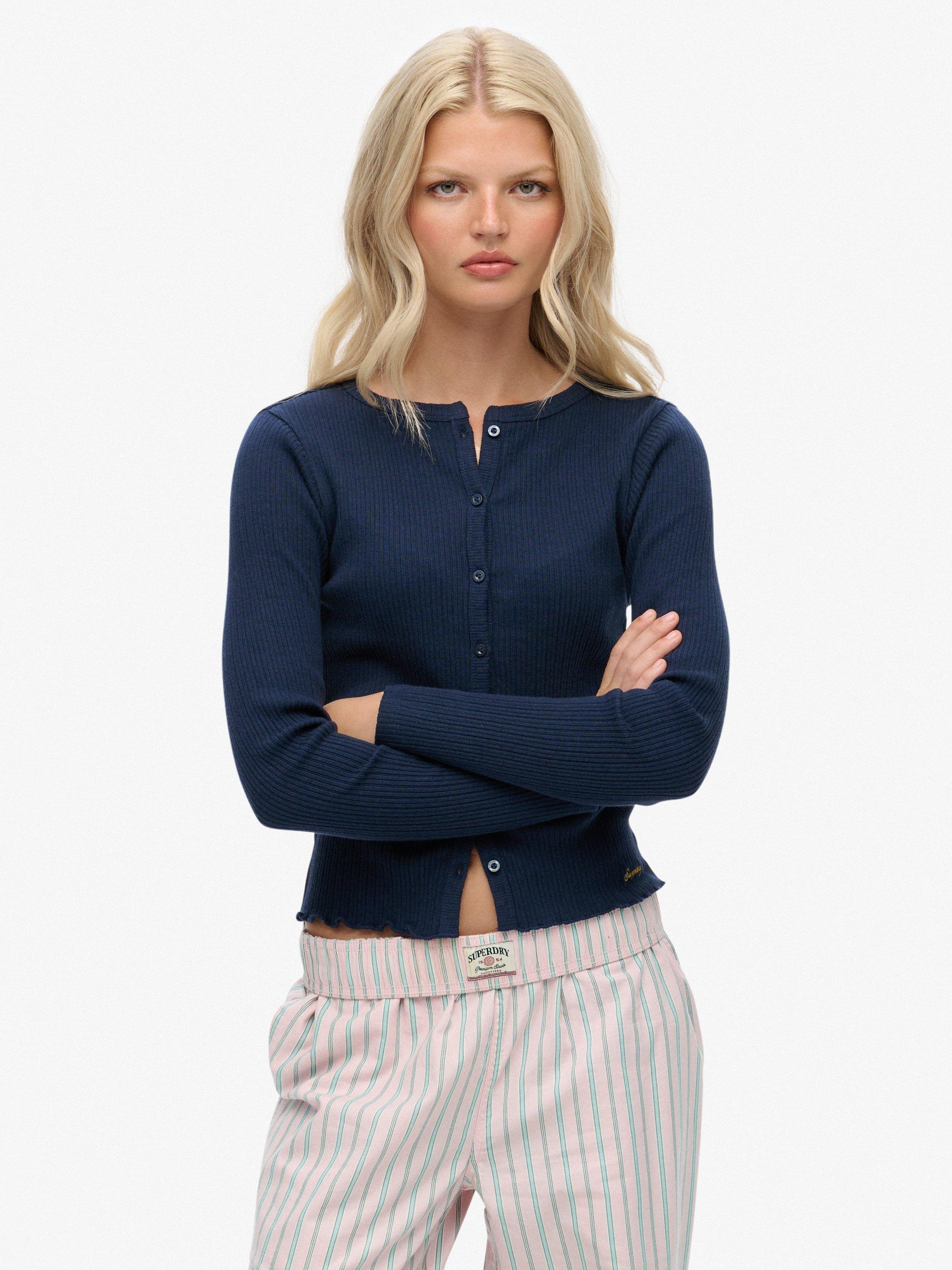 Product image 1 of 5, which shows Superdry Athletic Essentials Rib Knit Cardigan, Richest Navy, 10