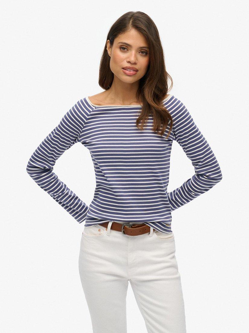 Product image 1 of 4, which shows Superdry Bardot Off Shoulder Stripe Top, Mariner Navy Stripe, 10